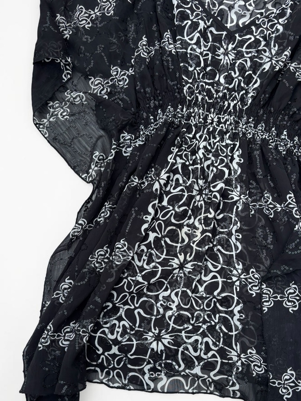 Y2K Black White Sequin Abstract Scroll Tunic Sheer Flutter Sleeve Boho M - Picture 2 of 11